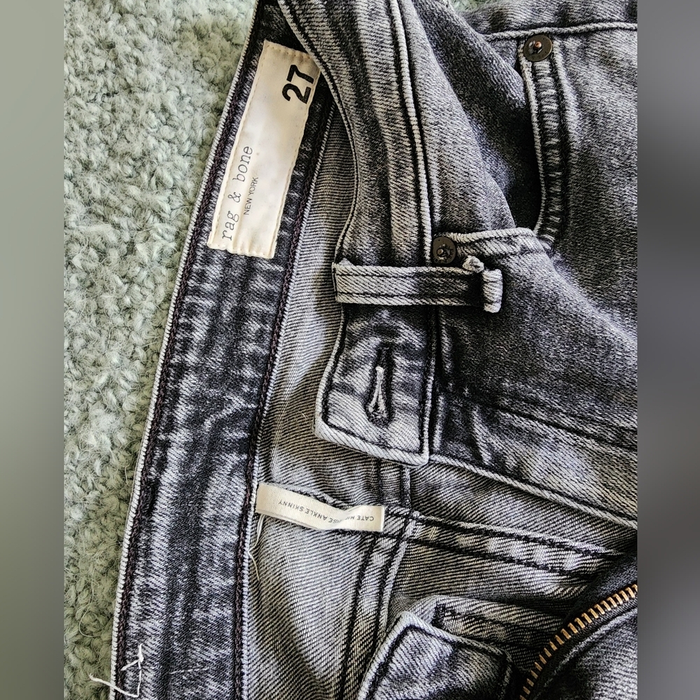 Rag & Bone Cate Mid-Rise Ankle Skinny Jean- Distressed Dark Grey with Raw Fringe - Picture 5 of 7